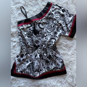 Byer California Black & White Paisley One-Shoulder Top with Red Trim